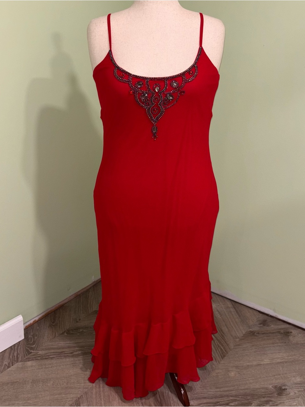 VTG Midnight Velvet Red Chiffon Beaded Slip Dress Asymmetric Y2K Fairy Women’s L